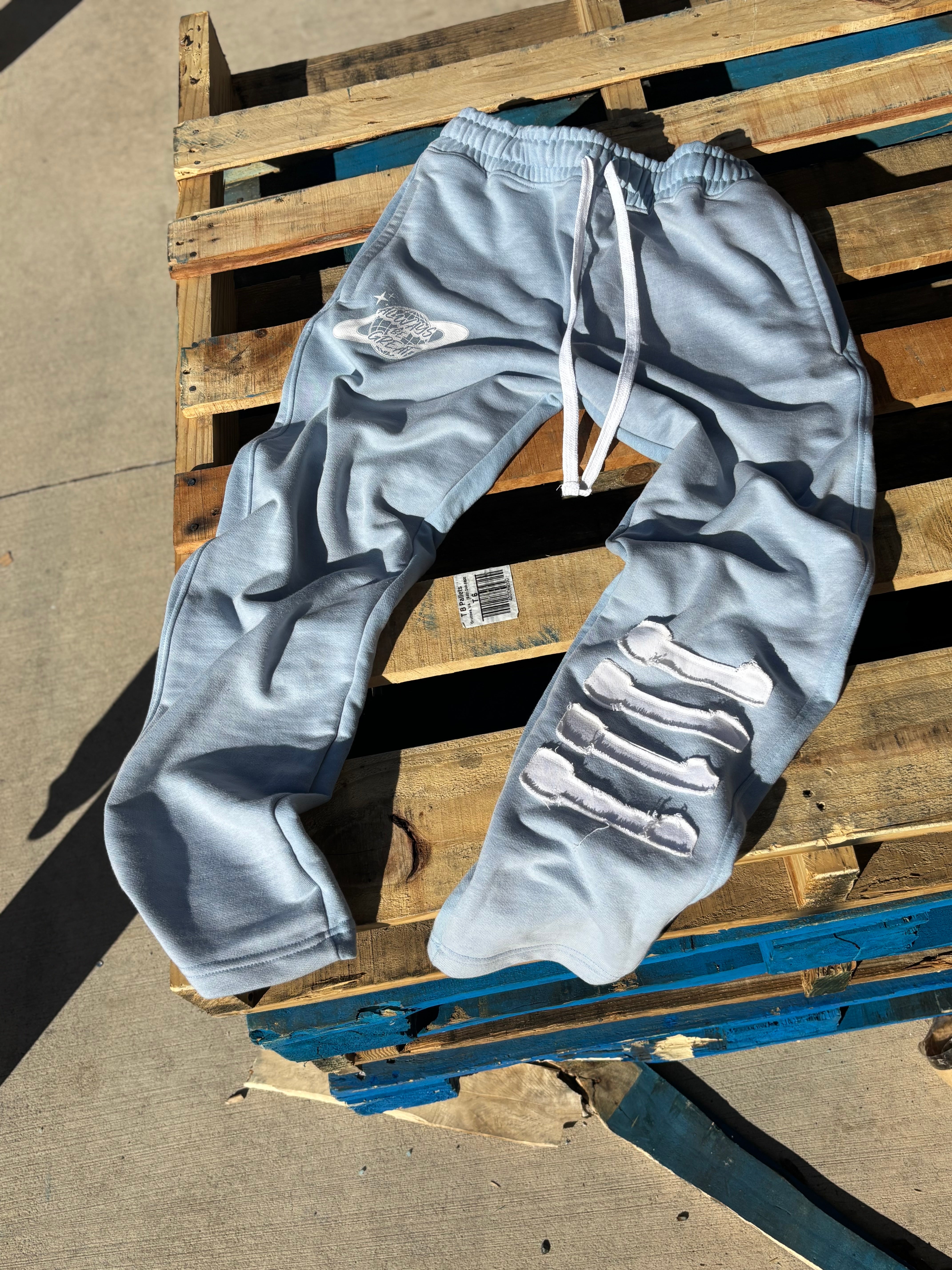 "Always Be Great" Acid Washed Ice Blue Pants